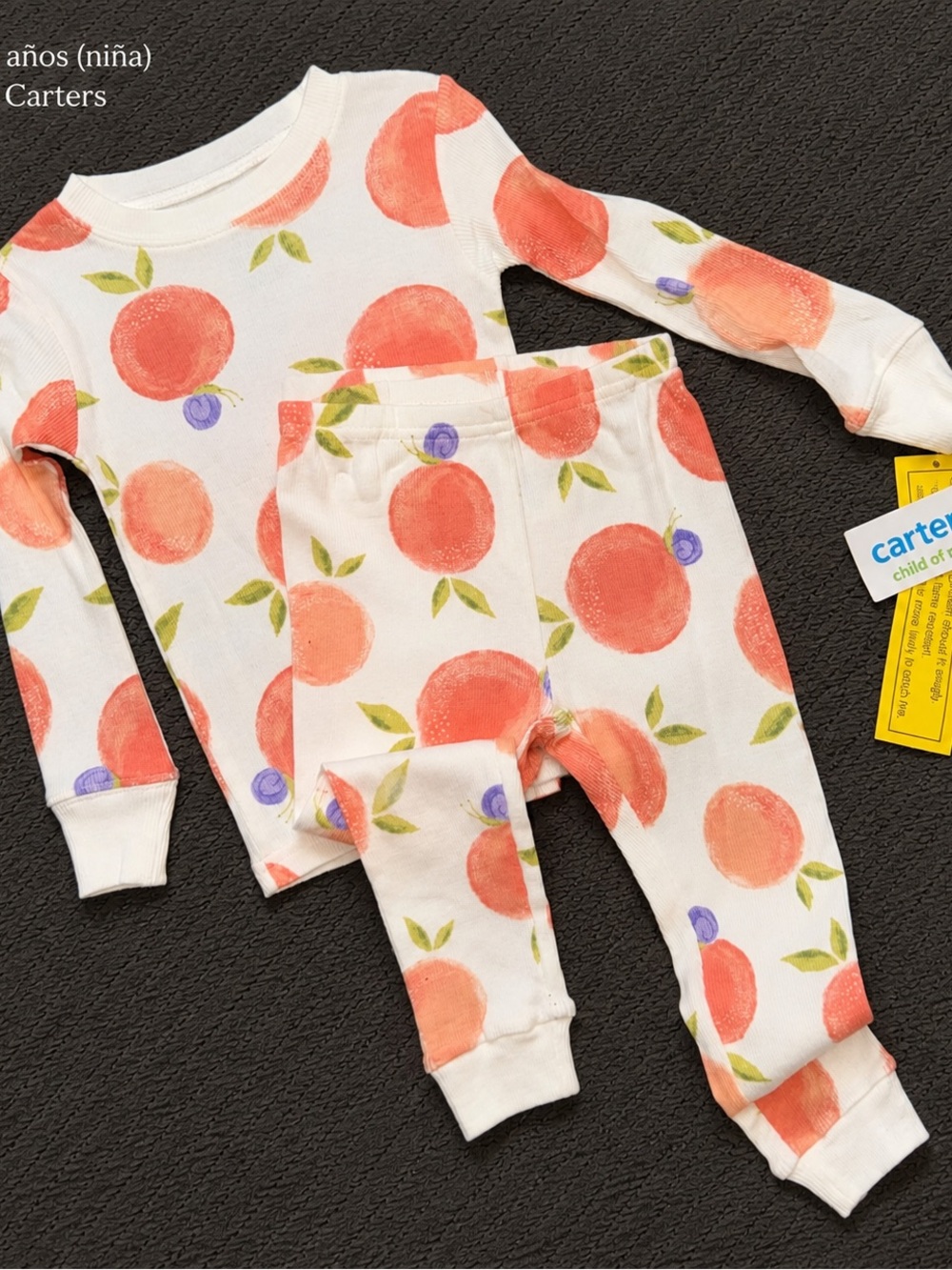 Carter's Cream Peach Print Long Sleeve Pajama Set with Green Leaves